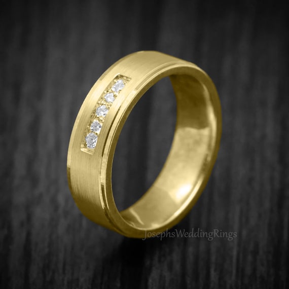 9K or 18K Real Gold Wedding Band Set With 5 Diamonds With A Satin