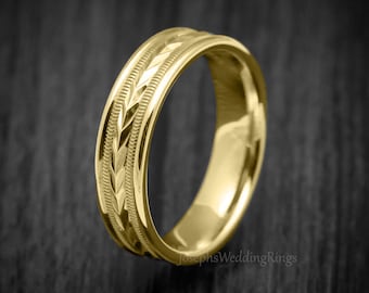 Unique Real 9K or 18K Solid Gold Wedding Band With Arrow Design & Milgrain In 3/4/5/6MM, Pick From Three Gold Colours, Free Engraving