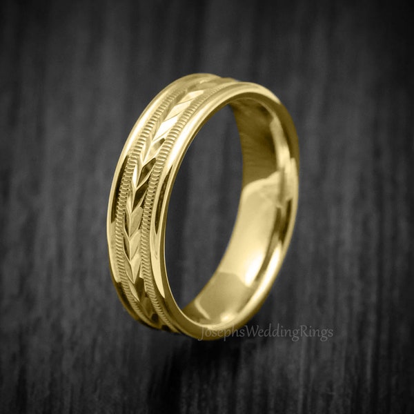 Unique Real 9K or 18K Solid Gold Wedding Band With Arrow Design & Milgrain In 3/4/5/6MM, Pick From Three Gold Colours, Free Engraving