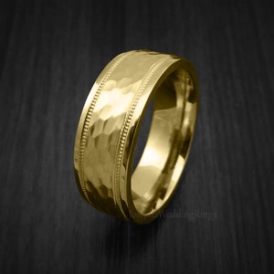 Gehamerde 9 of 18 kt massief gouden trouwring in 3/4/5/6 mm, handgemaakt gehamerd ontwerp en milgrain, keuze uit drie goudkleur, gratis gravure