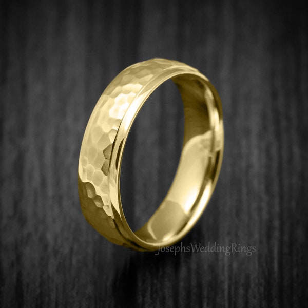 Hammered 9K or 18K Gold Wedding Band In 3/4/5/6MM, Hammered Design And Flat Edges, Pick From Three Gold Colour, Free Engraving, Wedding Ring