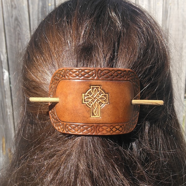 Catholic / Christian Cross with Celtic Knotwork Leather hair barrette