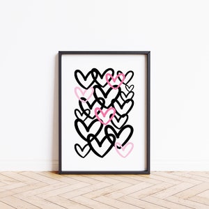 Black and Pink Preppy Wall Art | Heart Wall Art | Pink and Black Printable Room Decor | Abstract Hearts Digital Art Print | Dorm Decor