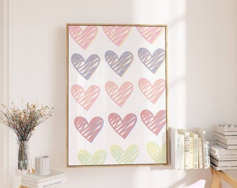 Scribbled Hearts Wall Art | Pastel Decor | Downloadable Art Prints | Colorful Heart Poster | Preppy Wall Decor | Digital Prints Girly Decor