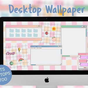 May include: A computer monitor displaying a pastel-colored desktop wallpaper. The design includes various window-style graphics, a grid pattern, and cartoon elements like a rainbow, lightning bolt, and a peach with the word "Peachy". Text on the screen reads "Desktop Wallpaper" and "Fits Laptops Too".