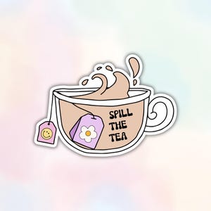 Sticker renverser le thé - Sticker vinyle hippie rétro des années 90 tasse de thé dramatique - Sticker bouteille d'eau Kindle pour ordinateur portable imperméable - cadeau pour elle liseuse