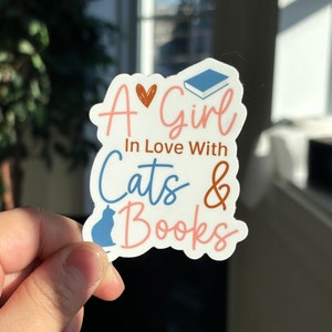 A Girl in Love with Cats & Books Vinyl Sticker, Waterproof Minimal Book Lover Decal, Water Bottle Laptop Kindle Stickers, Bookworm Gift