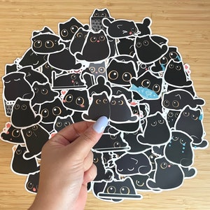Pacote de adesivos de gato preto kawaii, decalques misteriosos de vinil à prova d'água, adesivos fofos e engraçados de gatinho preto, adesivos para laptop com garrafa de água, sacola de presentes