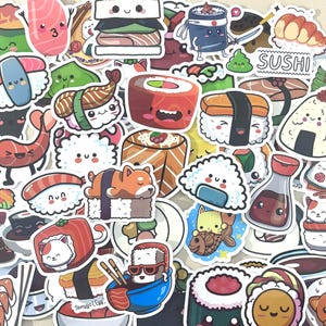 Paquete de pegatinas de sushi kawaii, vinilos de rollos de sushi, ramen, onigiri, nigiri, para botellas de agua, equipaje, laptops, Kindle y bolsas misteriosas.