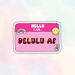 Hallo mein Name ist Delulu AF Aufkleber - Lustiger Namensschild Vinyl Aufkleber - Retro Pink Hippie Geschenk für Freund - wasserdichter Laptop Kindle Wasserflasche