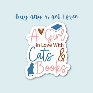 Sticker vinyle Une fille amoureuse de chats et de livres, Sticker amateur de livres imperméable minimaliste, Stickers Kindle pour ordinateur portable bouteille d'eau, cadeau rat de bibliothèque