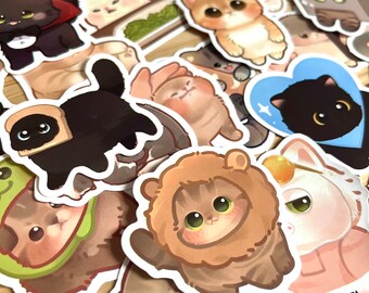 Funny Cats Sticker Pack, Kawaii Watercolor Black Cat Vinyls, Cute Kitten Cartoon Decals, Water Bottle Laptop Kindle Grab Bag Sticker Gift