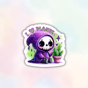 Pegatina "Me encantan las plantas", divertida pegatina kawaii de la Parca, calcomanía de mujer amante de las plantas, pegatina impermeable para equipaje, portátil, Kindle, botella de agua