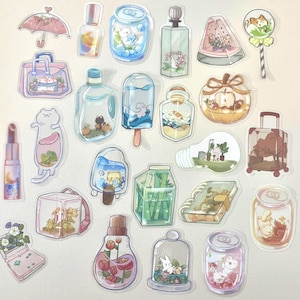 Paquete de pegatinas estéticas de verano transparentes, calcomanías de acuarela vintage, pegatinas impermeables de plantas adorables, pegatinas para equipaje, Kindle y portátil.