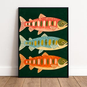 Three Colorful Salmon Gouache Folk Art Poster & Canvas 16YRP