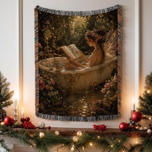 Winged Pixie Reading Bath Ornate Book | Woven Throw Blanket HYSTW