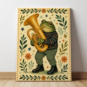 Whimsical Green Toad Playing Tuba Folk Illustration Poster & Canvas 2O9PB