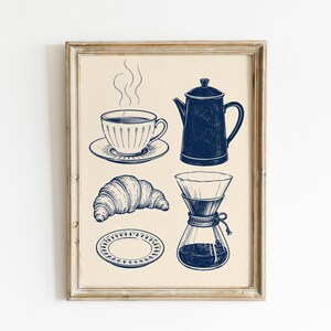 Tea Cup Breakfast Illustration Navy Ivory Poster & Canvas X9U1F