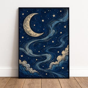 May include: A rectangular wall art print in a black frame featuring a dark blue night sky with a large cream-colored crescent moon, scattered small stars, and flowing, wispy cloud formations rendered in shades of blue and cream with line art.