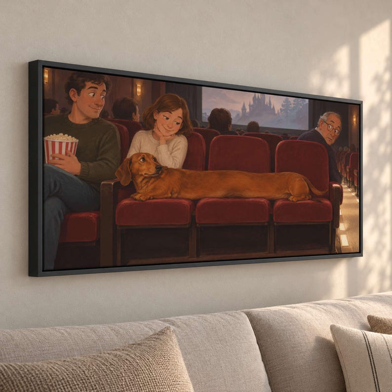 Dachshund Across Cinema Seats Canvas Print, Naive Narrative Style ...