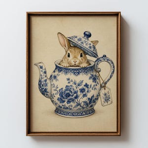 Puede incluir: Una lámina de arte enmarcada que muestra a un conejo marrón asomándose desde el interior de una tetera de porcelana blanca decorada con motivos florales azules. La tapa de la tetera está inclinada sobre la cabeza del conejo y una pequeña etiqueta floral cuelga del asa.