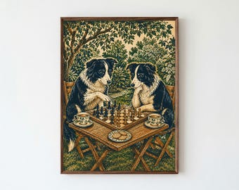 Two Border Collies Playing Chess in a Garden Woodblock Tea Poster & Canvas JCW9R