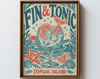 Coastal Vintage Gin Tonic Mermaid Tail Fin & Tonic Poster and Canvas LOPAR