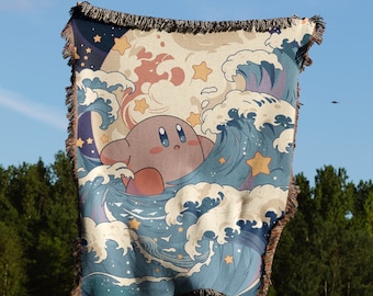 Kirby Hand Woven Cozy Blanket | Gaming Tapestry Throw | Suitable As Snuggle Blanket Or Woven Wall Hanging