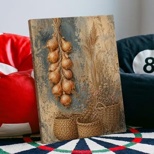 Poster en canvas met rustieke stillevens van hangende uienvlecht 5WHI8