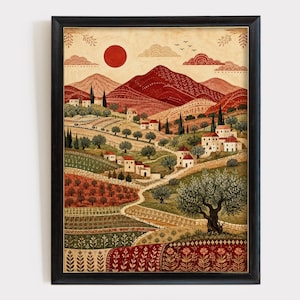 May include: A framed wall art print featuring a landscape illustration with a red sun, rolling hills, and a Mediterranean-style village. The scene includes olive trees, vineyards, and patterned fields in shades of red, green, and cream.