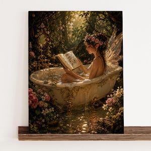 May include: A rectangular wall art print depicting a fairy with translucent wings and a floral crown sitting in an ornate, gold-accented white clawfoot bathtub. The fairy is reading an open book amidst a lush, dark forest setting with pink flowers.