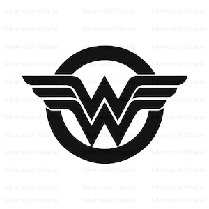 May include: Black and white illustration of the Wonder Woman logo. The logo features a large W inside a circle with wings on either side.