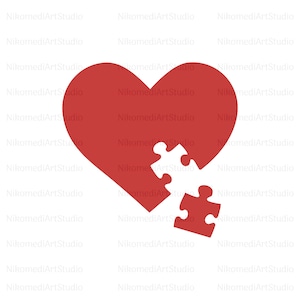 May include: A red heart with a missing puzzle piece, representing love and unity. The detached piece is ready to be connected. The image has the text "NikomediArtStudio" repeated around the heart.