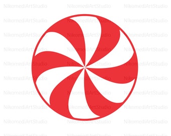 May include: A red and white peppermint candy with a swirl design.
