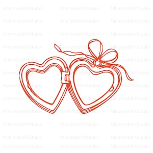May include: A red heart-shaped locket, open to reveal two empty spaces for photos. The locket is adorned with a delicate bow and ribbon. The design is a line drawing, perfect for Valentine's Day or a romantic gift.
