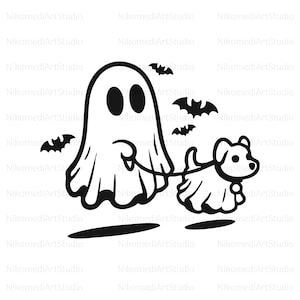 May include: A black and white Halloween-themed graphic featuring a ghost walking a dog, both wearing ghost costumes. Several bat silhouettes are in the background. The design is suitable for stickers, apparel, or seasonal decorations.