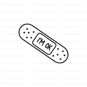Könnte beinhalten: Eine Schwarzweiß-Zeichnung eines Verbandes mit dem Text "I'M OK" darauf.