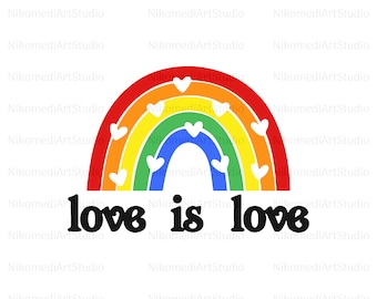 Puede incluir: Un arcoíris con corazones blancos y el texto "love is love" en negro.
