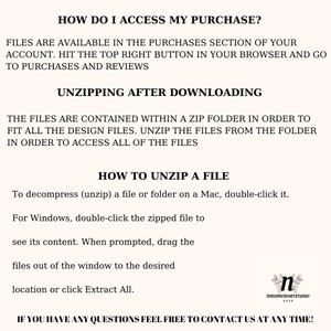 May include: Text-based instructions on how to access and unzip a digital purchase. The text includes the phrases "How do I access my purchase?", "Unzipping after downloading", and "How to unzip a file".