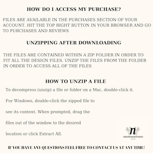 May include: Text-based instructions on how to access and unzip a digital purchase. The text includes the phrases "How do I access my purchase?", "Unzipping after downloading", and "How to unzip a file".