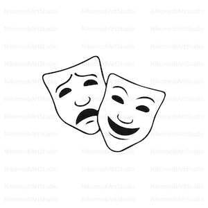 Könnte beinhalten: Schwarz-weiße Strichzeichnung von zwei Theatermasken. Eine Maske ist ein lächelndes Gesicht und die andere ein finsteres Gesicht.