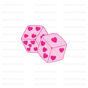 May include: Two pink dice with dark pink heart shapes replacing the numbers. The dice are set against a white background. A fun and playful design.