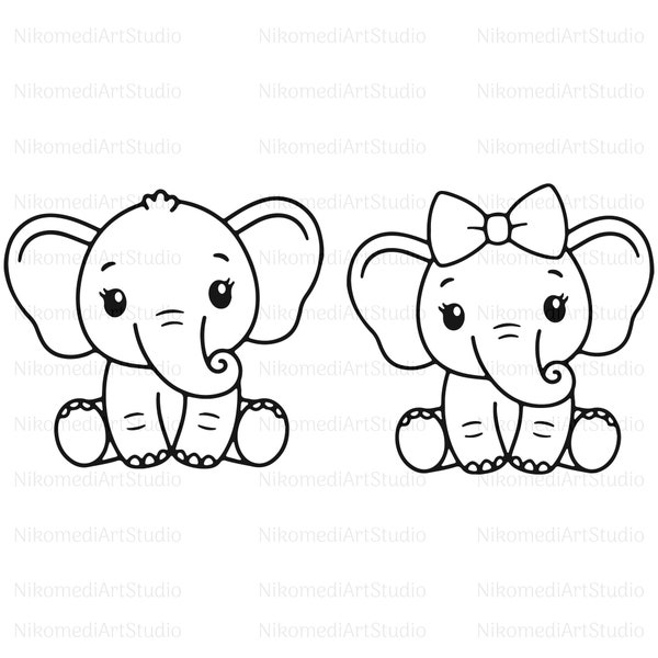 Baby Elephant SVG, Cute Elephant Girl cut file, Elephant Outline Baby, Shower Girl Shirt, Bodysuit Kawaii Animal Silhouette, Cricut
