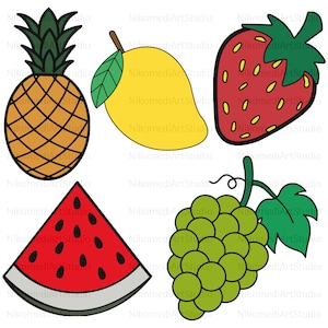 May include: A set of five cartoon fruits: a pineapple, a mango, a strawberry, a watermelon slice, and a bunch of green grapes.