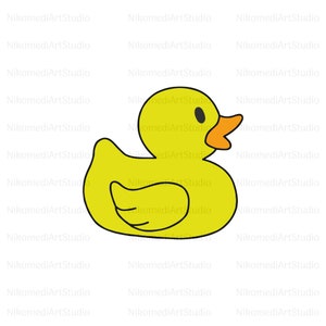 May include: A yellow rubber duck with a black outline and orange beak. The duck is facing right and has a black eye.