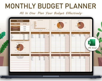 May include: A laptop screen displaying a brown and beige monthly budget planner spreadsheet in Microsoft Excel. The spreadsheet includes sections for income, expenses, savings, investments, and bills. The title of the spreadsheet is "Monthly Budget Planner: All In One Plan Your Budget Effectively."