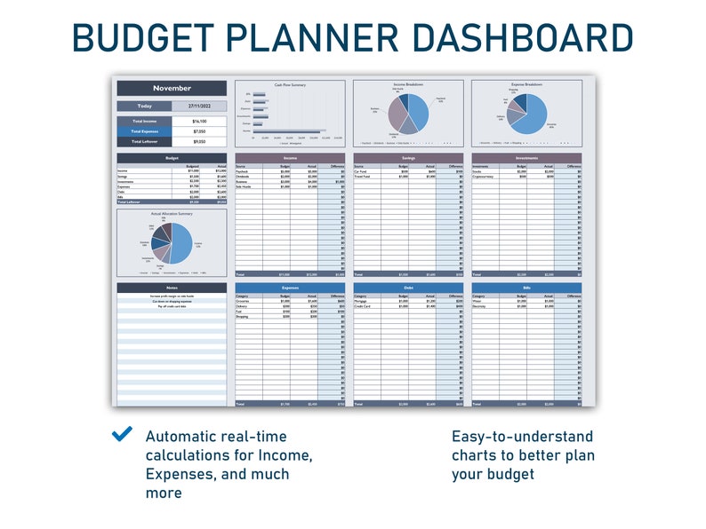 Monthly Budget Planner Excel Spreadsheet Template Digital Budget Expense Tracker Savings Bills