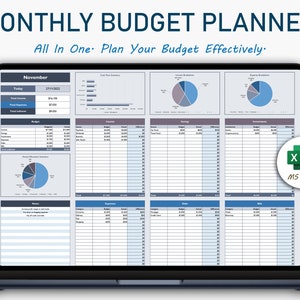 Monthly Budget Planner Excel Spreadsheet Template Digital Budget Expense Tracker Savings Bills Finance Tracker Financial Dashboard