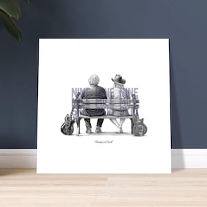 May include: Black and white print of two people sitting on a bench with guitars on either side. The text "NINE NINE NINE" is above the bench, and "Always a Hoot" is below.