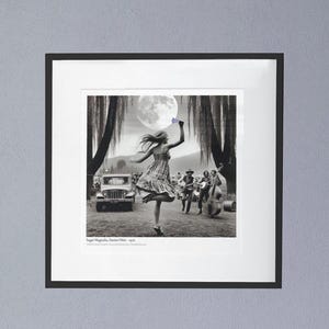 May include: Black and white framed print featuring a woman dancing in front of a full moon, a band, and a vintage vehicle. The print includes the text "Sugar Magnolia, Hunter/Wise - 1970".